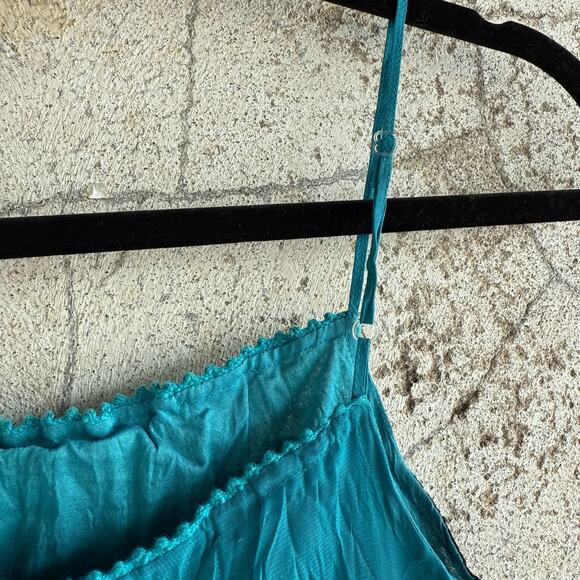 Fairycore Y2K Boho Flowy Top Sheer Lace Trim Teal Paisley Crinkle Size Small - Picture 5 of 6